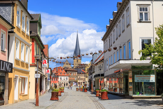 Historical old town of the district town Lichtenfels on a day with blue sky and cumulus clouds, Germany, Lichtenfels, 29.July.2023