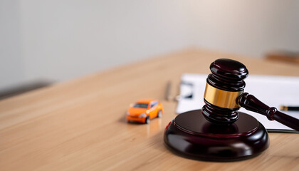 car accident and gavel lawsuit on table or insurance court case with copy space