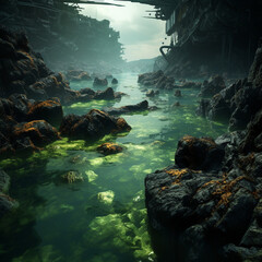 Enchanting fantasy oceanscape: Vast azure expanse filled with wonder and tales, beckoning adventurers. Prime for game worlds and sagas.