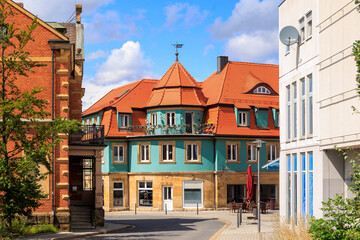 Historical house with round balcony in Franconian town Lichtenfels ind Germany