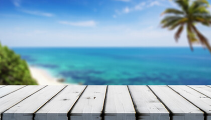 Fototapeta premium White wooden table with summer sea view on background