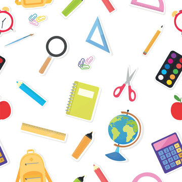 A pattern on a school theme, a backpack, a ruler, pencils with a ruler on an old background, vector illustration