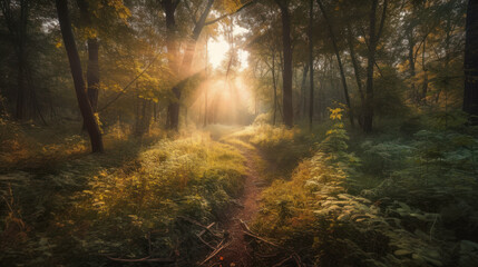 Naklejka premium Person walking on a path in the woods