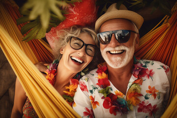 Generative AI portrait of two people retired couple spending vacation together photographing summer view
