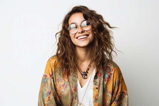 Generative AI portrait of young excited cheerful girl woman happy smiling carefree good mood wear sun specs