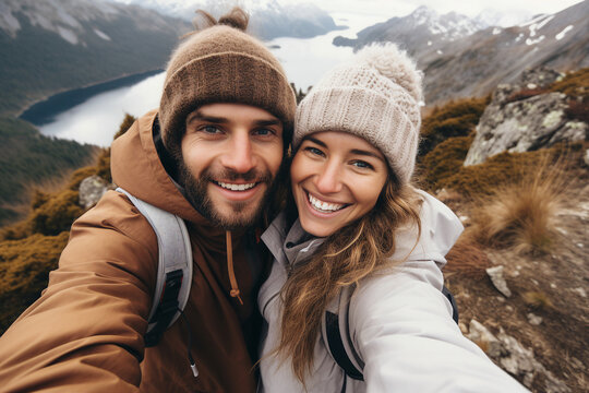 Generative AI portrait of happy couple man and woman tourist at top of mountain at sunset outdoors autumn fall season