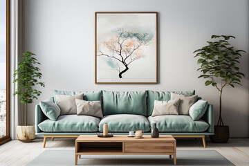 Green sofa against a green wall. Painting on the wall above the sofa. Classic living room interior design mockup. Generative AI