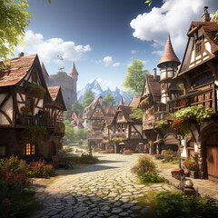 Fototapeta na wymiar Quaint fantasy village: Nestled nooks of wonder, where tales begin and adventurers gather. Ideal backdrop for immersive games and stories.