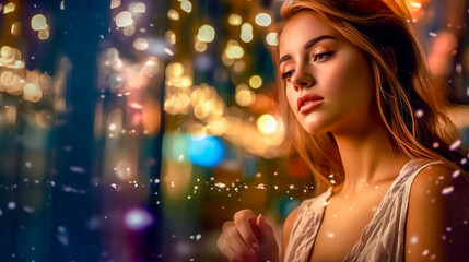 portrait of a young attractive woman in the city with a bokeh effect in the background, copy space made with Generative AI