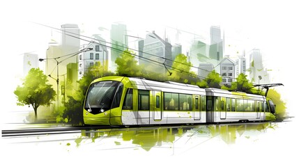 This is a conceptual depiction of sustainable public transportation systems, specifically focusing on the tram. The role of trams in reducing traffic congestion and environmental impact. Generative AI - obrazy, fototapety, plakaty
