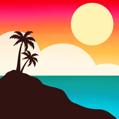 Fototapeta na wymiar Island palm tree landscape view with sunset sky graphic wallpaper background