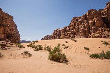 Fototapeta na wymiar The desert of Wadi Rum national park in Jordan, Middle East.