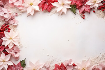 Obraz premium Poinsettias flowers on the white background, top view, Christmas background