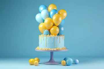 Foto op Canvas Birthday blue cake decorated with sweets, yellow balloons on a blue background. Generative AI © Alexandr_DG