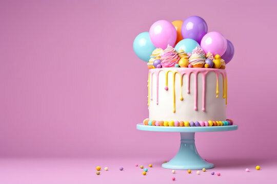 Fototapeta Birthday cake decorated with colorful sweets, balloons on a pink background. Generative AI