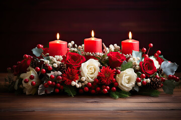 Obraz na płótnie Canvas Christmas candles and flowers on the table