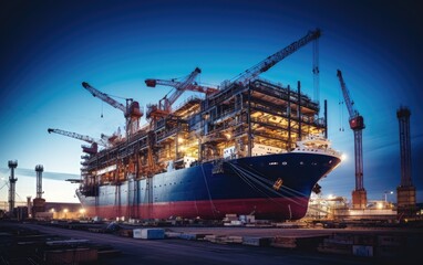 Fototapeta premium Stunning image of a massive cargo ship being constructed in a dry dock