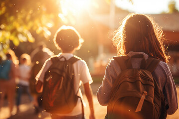 Fototapeta premium Children with backpacks, back to school, subtle glare of golden hour, bokeh. studying is fun. school learning. AI generated illustration