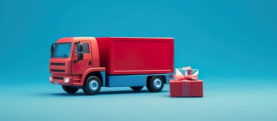 Red truck toy delivering a red present package, supply chain transportation logistics concept 