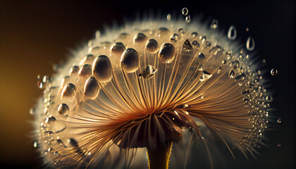 Beautiful shiny dew water drops on a dandelion seed, macro photography, selective focus, Ai generated image