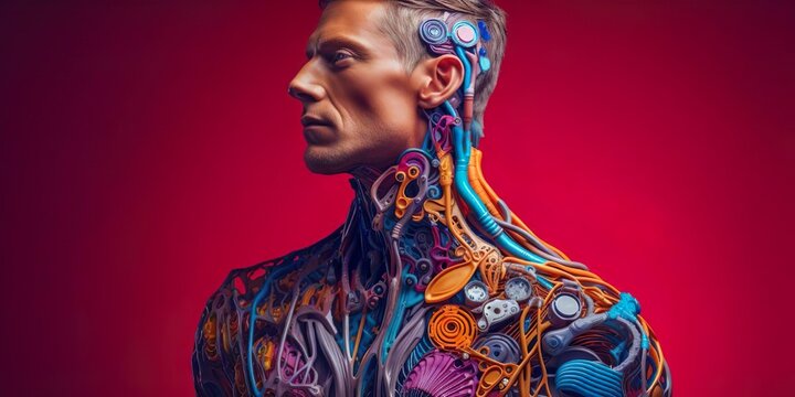 Colorful cyborg half human half machine AI with cables