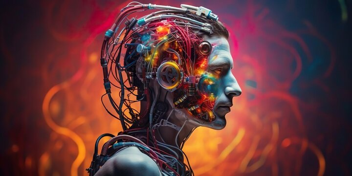 Colorful cyborg half human half machine AI with cables