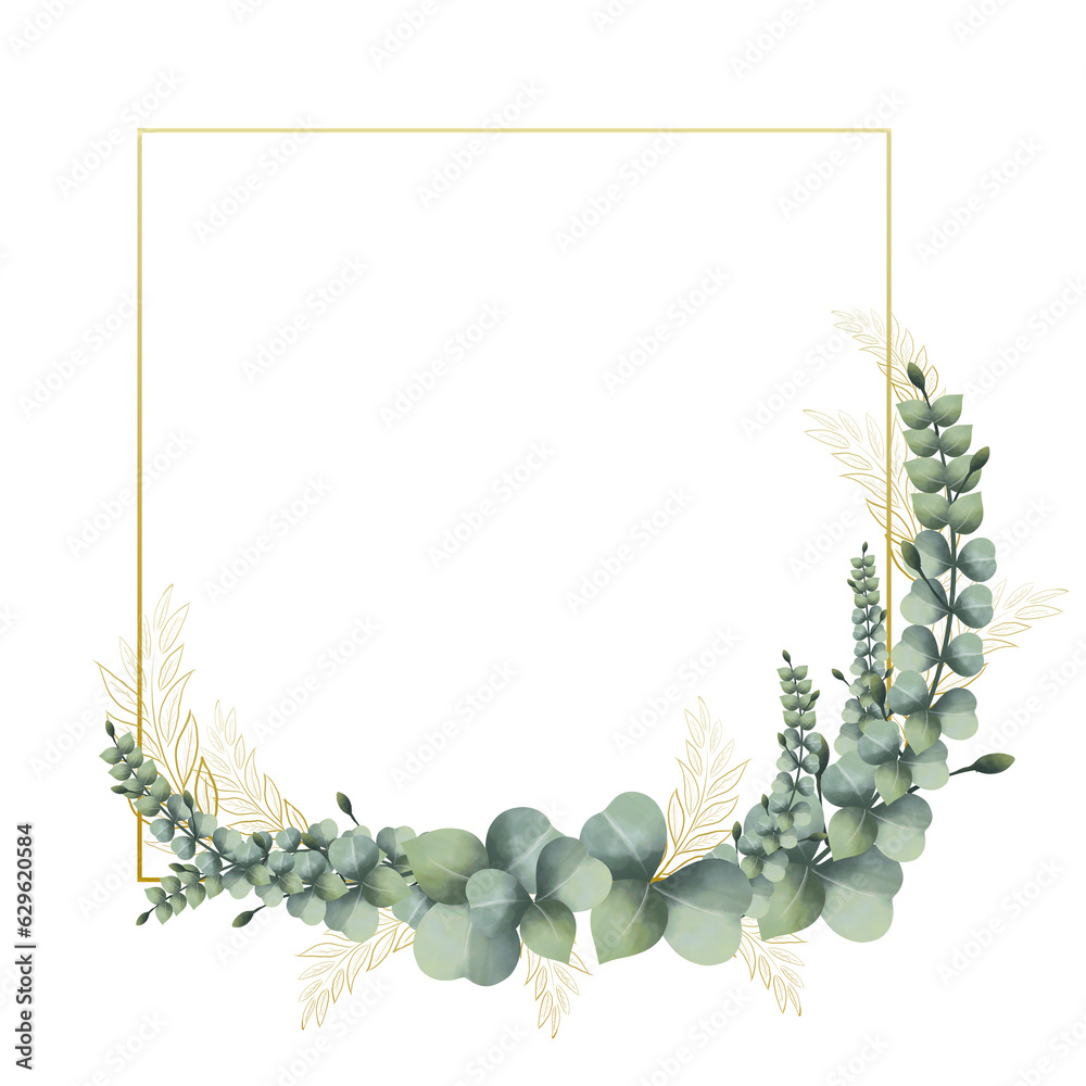 Wall mural frame golden square vintage leaves watercolor hand drawn golden frame line art isolate on transparen