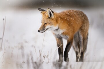 Majestic red fox in the picturesque winter landscape, on the pristine white blanket of snow
