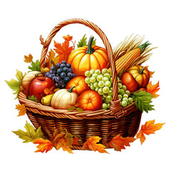 Thanksgiving Basket Decorations with Fruits, Pumpkins and Autumn Leaves Watercolor Clipart on Transparent Background.