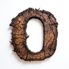the number 0 made of old oak, burnt oak, many cracks, white background
