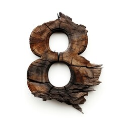 the number 8 made of old oak, burnt oak, many cracks, white background