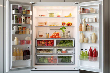 Vegetables, fruits, and beverages in the refrigerator. AI technology generated image