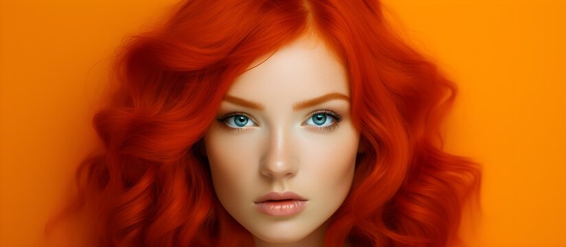 Close-up of redhead girl woman with wavy hair neutral model look and orange background