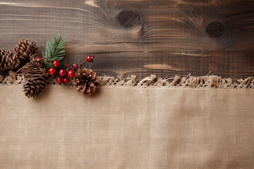 Rustic burlap table runner with pinecone and berries