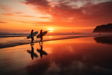 Surfers on the ocean at sunset by Generative AI