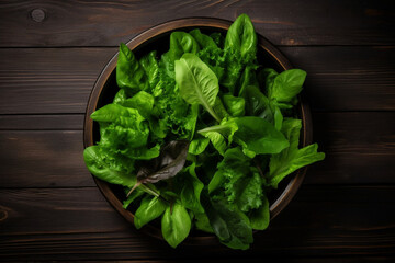 Green salad with fresh leaves in black plate on wooden table, fresh lettuce leaves, generated ai