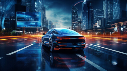 Fototapeta premium Autonomous self driving electric car change the lane and overtakes city vehicle