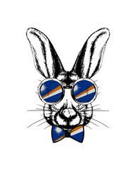 Easter bunny hand drawn portrait. Patriotic sublimation in colors of national flag on white background. Marshall Islands