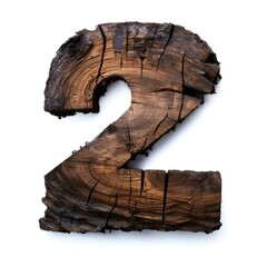 the number 2 made of old oak, burnt oak, many cracks, white background