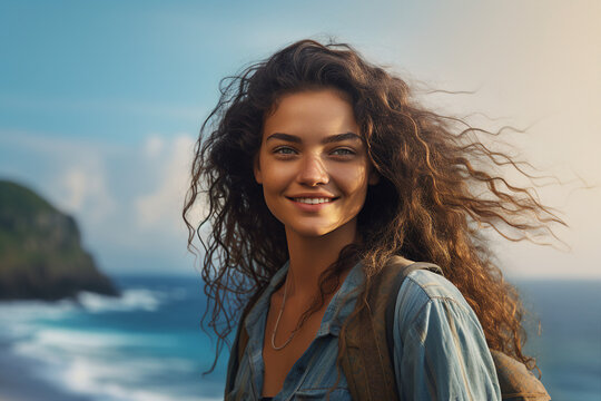 Generative AI picture young woman wanderer standing near oceania bay enjoying breathtaking view point making selfies swimming