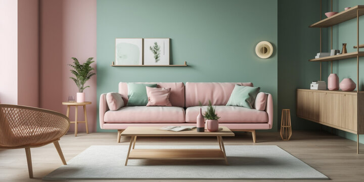 Interior of modern living room with accent coffee table, classical sofa and armchairs, room in green pink color, scandinavian design, bright style, generated ai