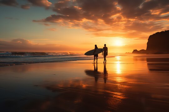 Surfers on the ocean at sunset by Generative AI