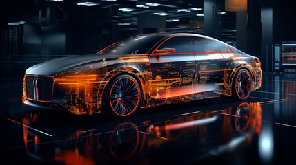 Fototapeta na wymiar Creative glowing digital car on blurry night city background. Transport and vehicle concept. 3D Rendering