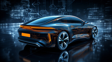Fototapeta premium Creative glowing digital car on blurry night city background. Transport and vehicle concept. 3D Rendering