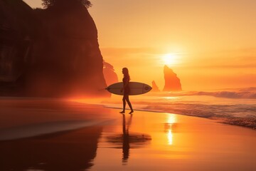 Surfers on the ocean at sunset by Generative AI