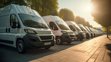 number of new white minibuses and vans outside