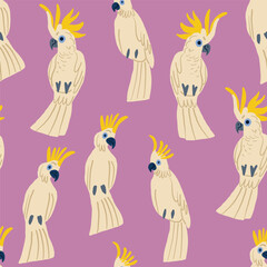 Vector seamless pattern with parrots. Cockatoo characters, white bird. Cute parrots on violet. Exotic and tropical background. Vector illustration
