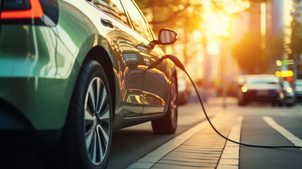 Fototapeta premium Power supply connect to electric car for add charge to the battery. Charging re technology industry transport which are the future of the Automobile.