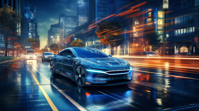 Shot of a Futuristic Self-Driving Van Moving on a Public Highway in a Modern City with Glass Skyscrapers. Beautiful Female and Senior Man are Having a Conversation in a Driverless Autonomous Vehicle.