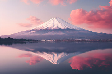 Volcano covered in snow during winter and reflection on a lake with pink and red lights on the clouds during sunset